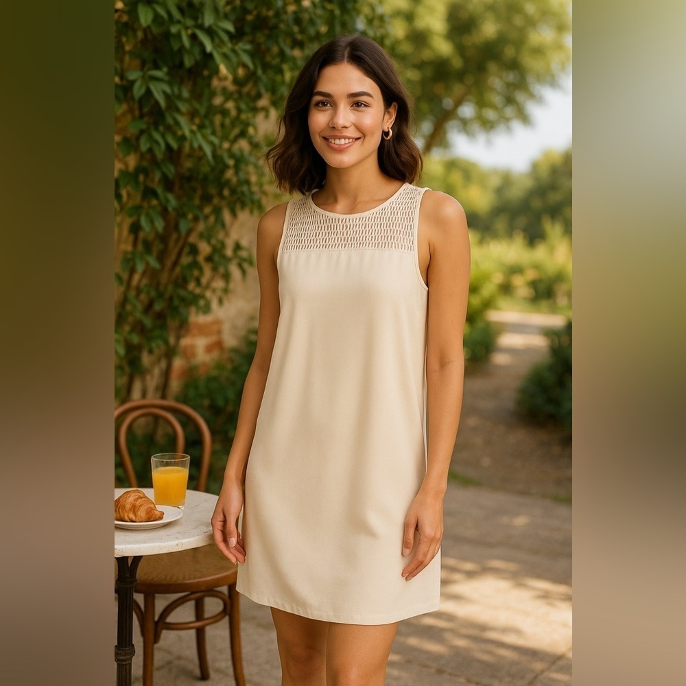 Cream Sleeveless Shift Dress XL Textured Crochet Yoke Lined Neutral Minimalist